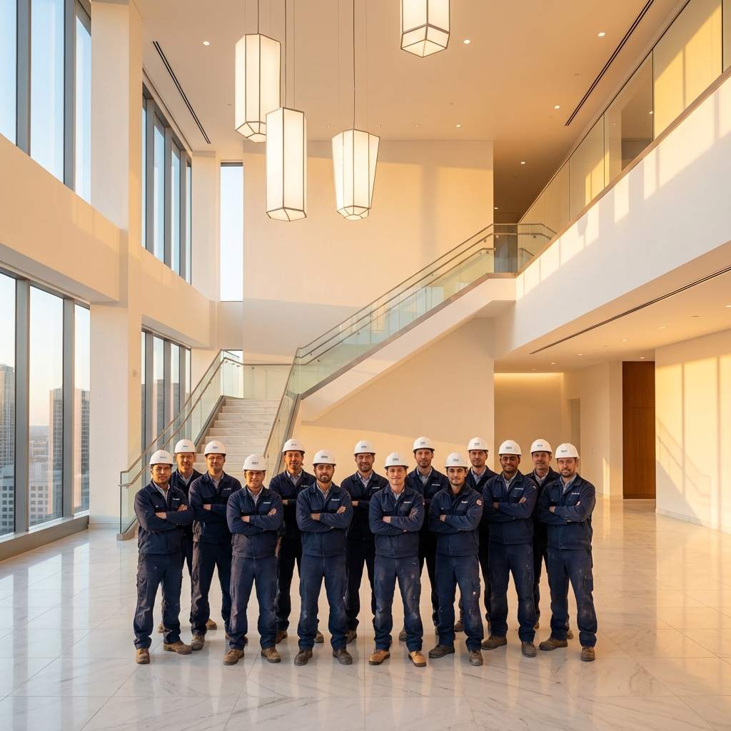 US Drywall team in a completed commercial lobby