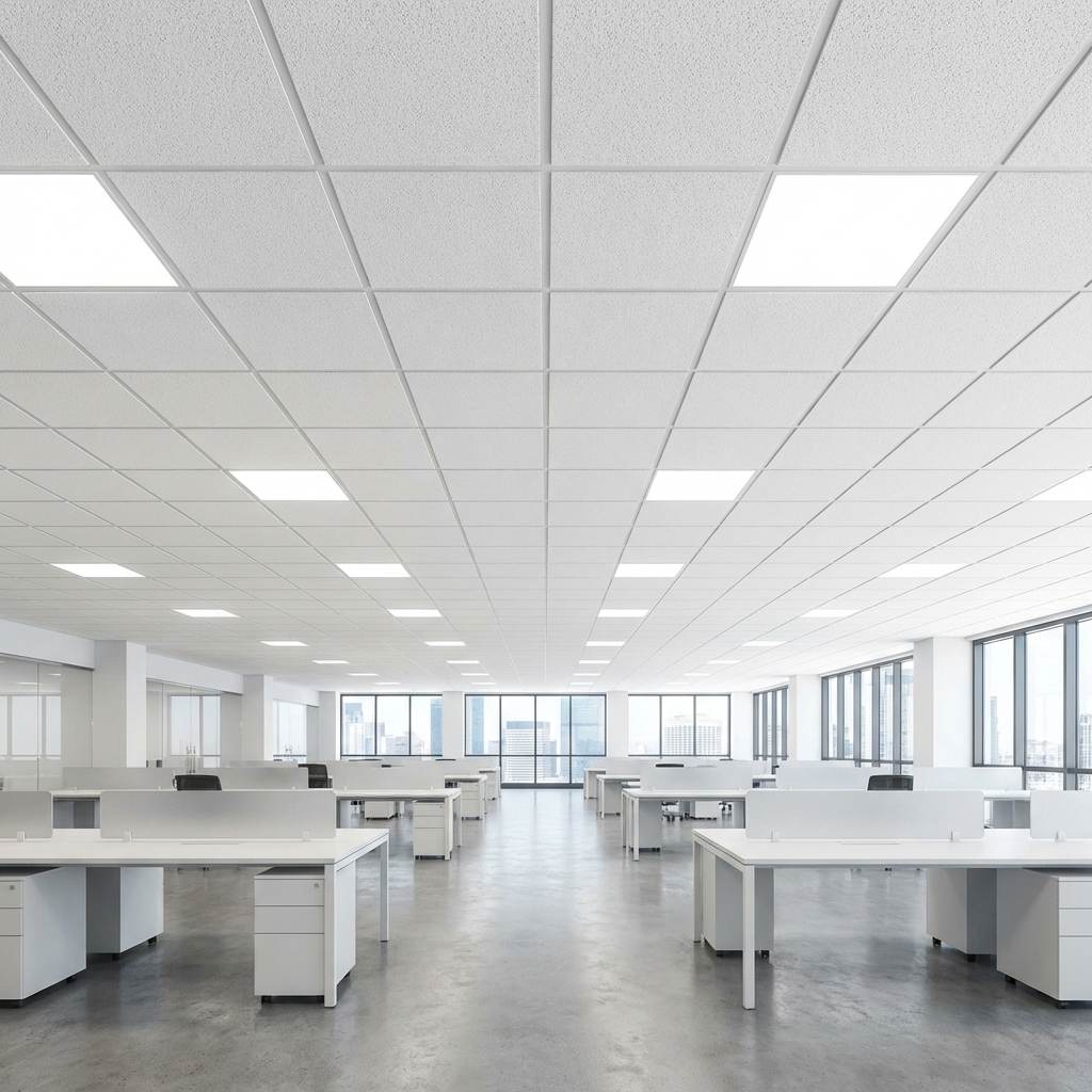 Commercial acoustical ceiling tile grid in a large interior space
