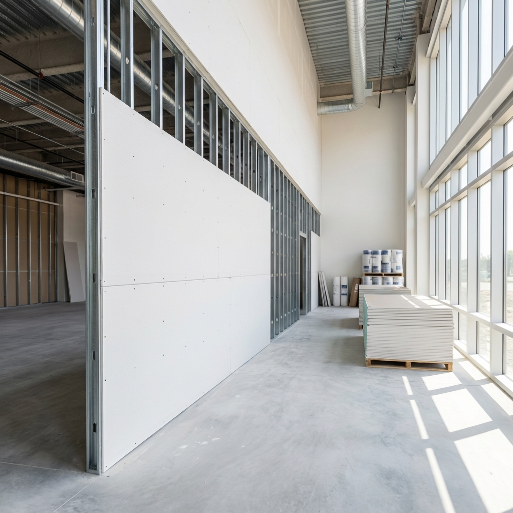Commercial drywall installation with metal stud framing and staged drywall panels