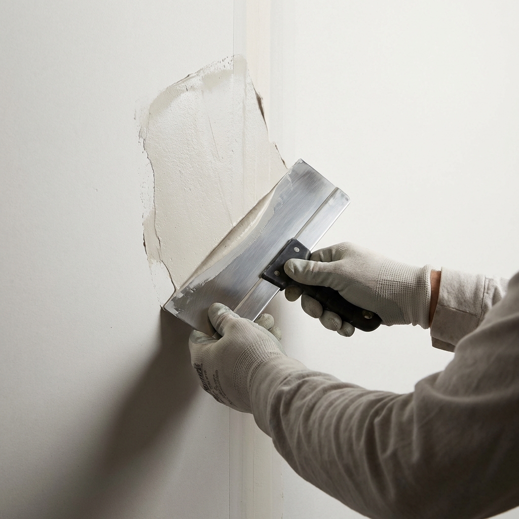 Professional applying joint compound to a drywall patch with a trowel