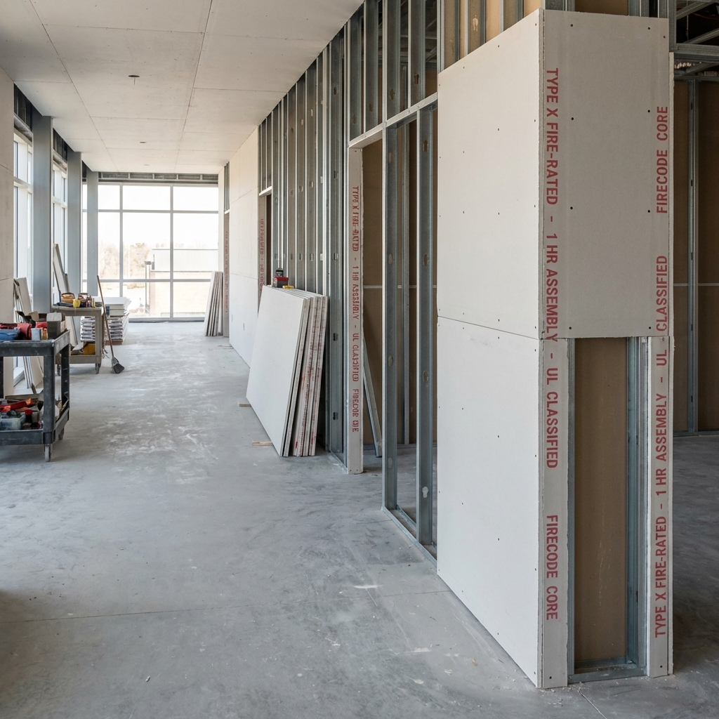 Fire-rated Type X drywall assembly installation in a commercial corridor