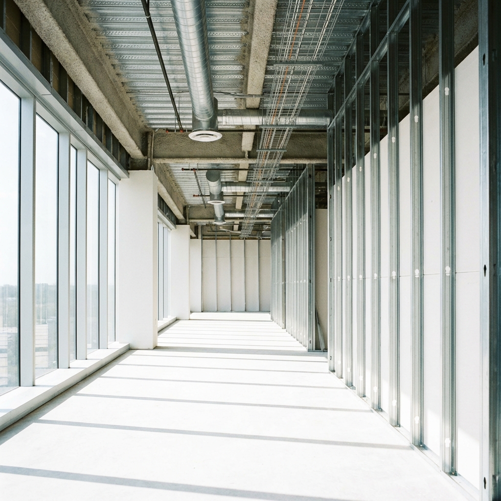 Commercial construction site with active drywall work
