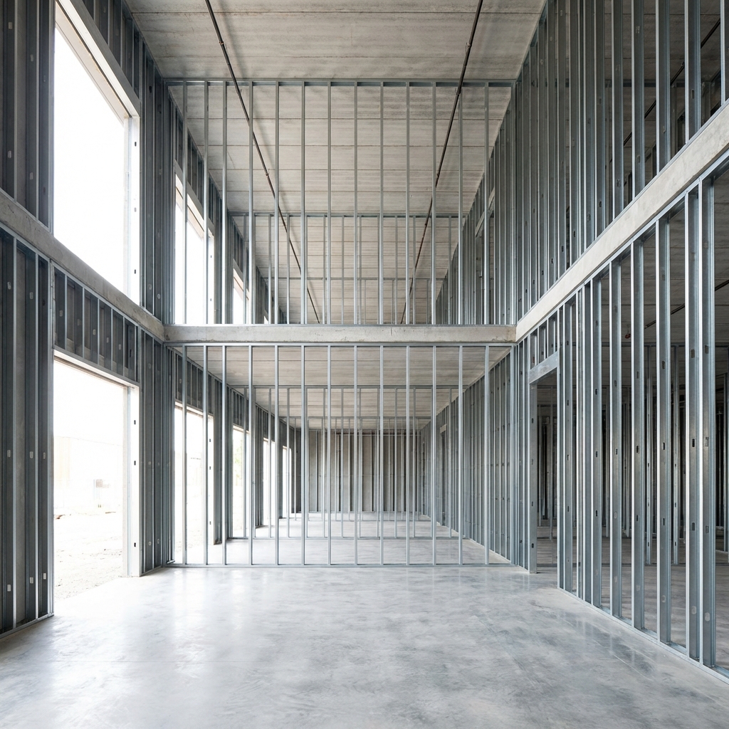 Commercial metal stud framing for interior walls with drywall panels staged