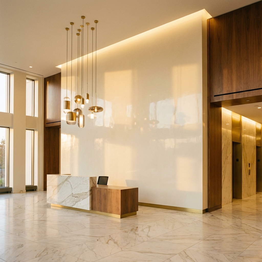 Level 5 smooth drywall finish in an ultra-luxury commercial lobby with marble and brass